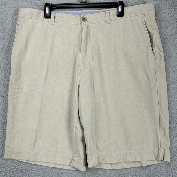 Tommy Bahama Mens Khakis Shorts 38‎ Beige Herringbone Flat Front Logo Silk Blend